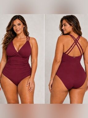 Jantzen Size 16 Mulberry One Piece Swimsuit Strappy Back Tummy Control $89 NWT